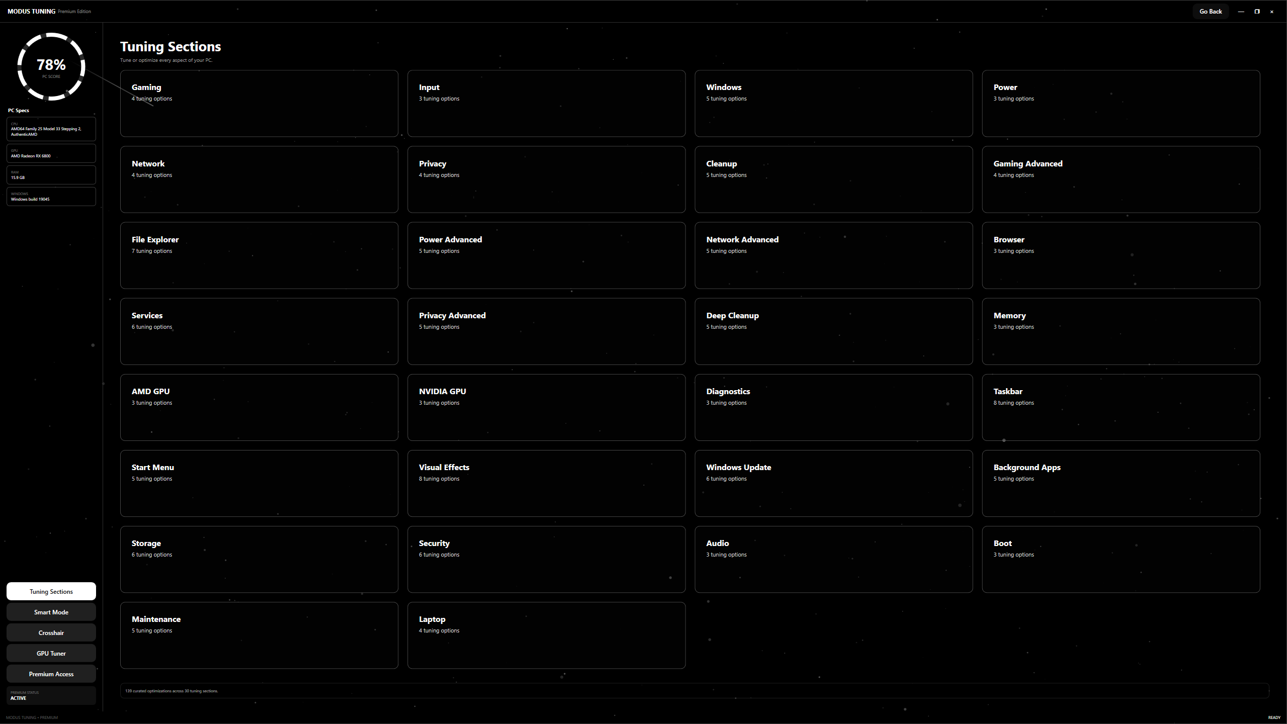 Modus Tuning dashboard showing Windows optimization categories